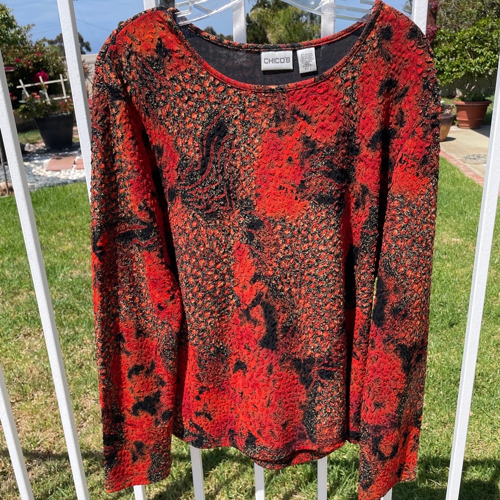 Chicos Red Orange Black Tan Texture Top Women’s Size 3 Large